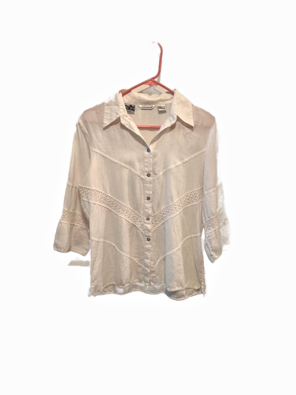 Vintage 100% Irish Linen Lightweight Lace-Trim Button-Front Blouse in White